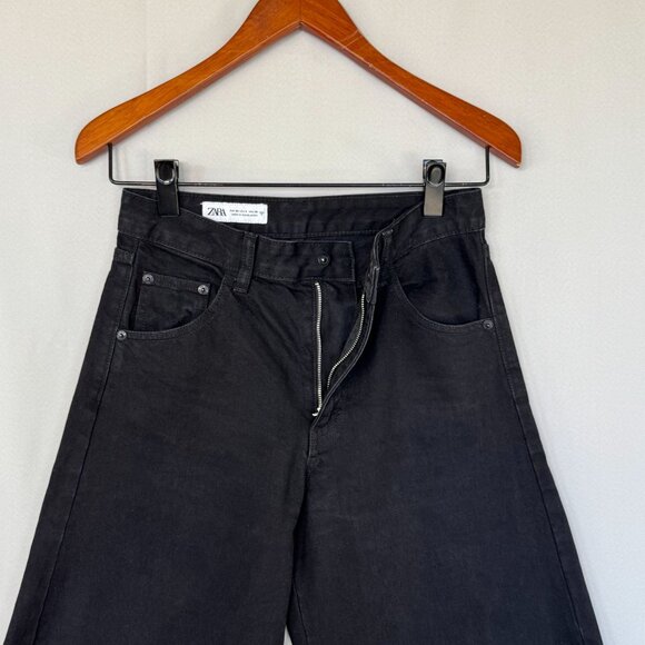Zara Black 100% Cotton Rigid Denim Curved Horse Shoe Wide Leg Jeans Size 4 - Picture 4 of 10